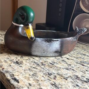 Hand-Painted Duck Figurine Bowl in Green, Yellow & Brown